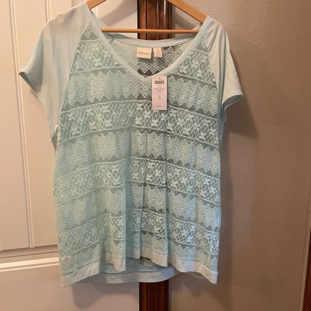 Chico’s size 3 soft aqua lace top.